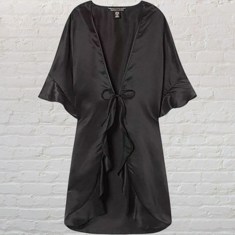 Victoria’s Secret Black Satin Kimono Robe OS • Flutter Sleeve Luxe Wrap